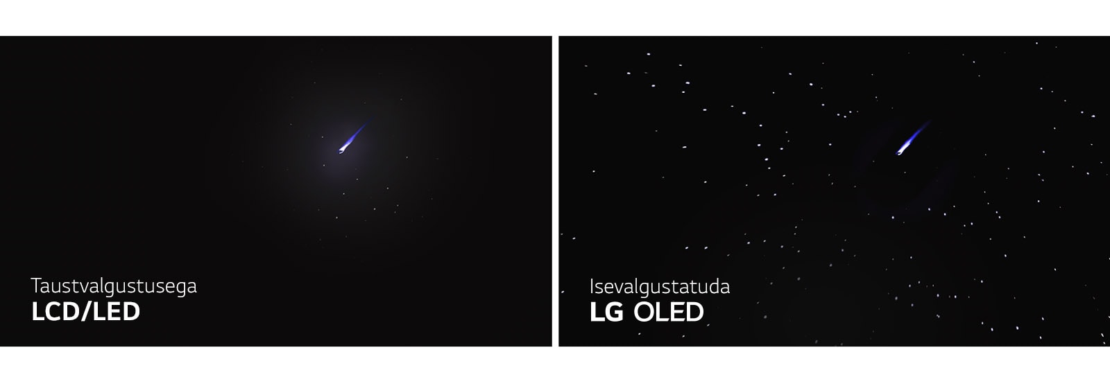 Tähistaeva pilti näitava LED-/LCD-teleri ja isevalgustuva LG OLED-teleri valgustuse võrdlus külg külje kõrval