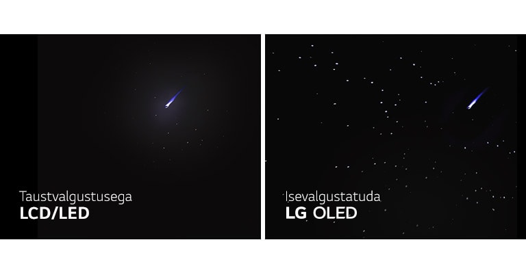 Tähistaeva pilti näitava LED-/LCD-teleri ja isevalgustuva LG OLED-teleri valgustuse võrdlus külg külje kõrval