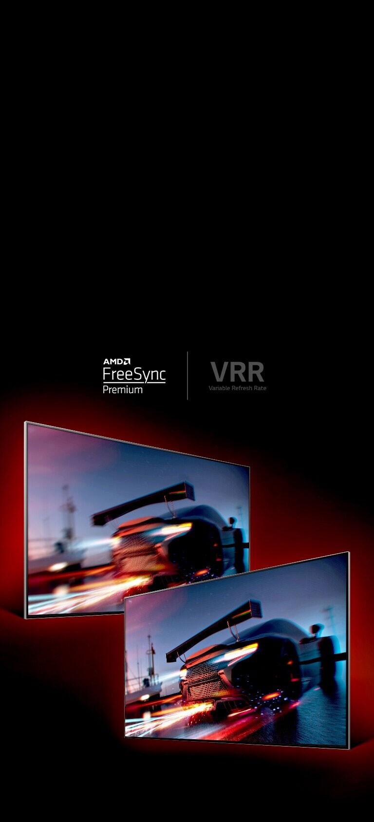 Vastakuti on kaks telerit. Vasak teler näitab kiirelt sõitvat võidusõiduautot, mis tundub üsna hägune, samas kui parem teler näitab kiirelt sõitvat võidusõiduautot, kuid väga selgelt.