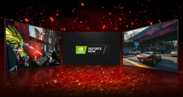 Näha on kolm telerit – üks keskel, mis on suunatud ettepoole, ning ekraanil on NVIDIA GEFORCE NOW logo ja Stadia logo. Vasakul olev teler mängu Splitgate ja paremal olev teler näitab ekraanil mängu Cyberpunk 2077.