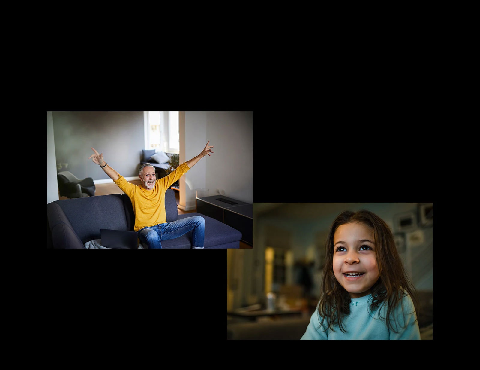 Vanaisa istub diivanil elutoas ja vaatab midagi õnnelikult vasakus ülanurgas pildil. Tüdruk vaatab midagi väga rõõmsalt.
