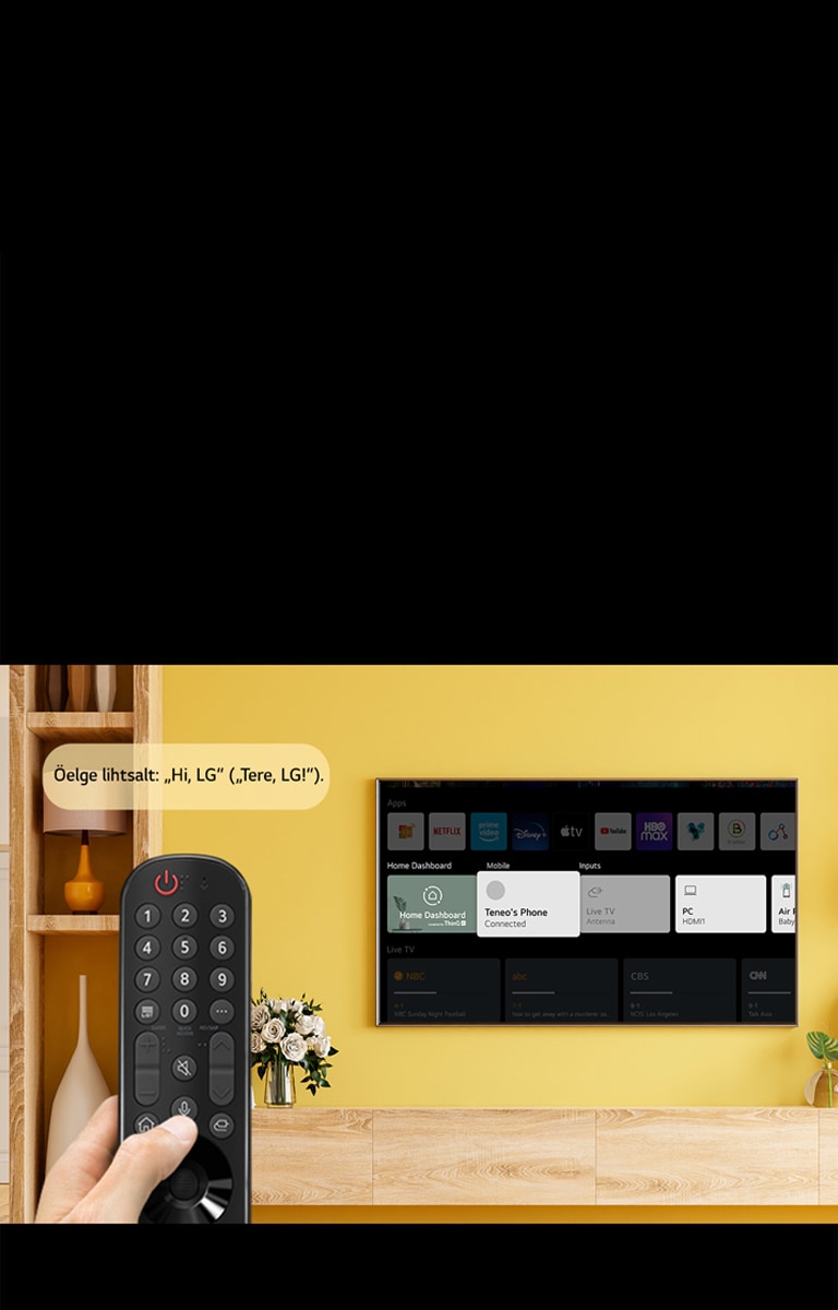 Keegi hoiab teleriekraani ees teleripulti. Jutumullis on tekst „Öelge lihtsalt Hi LG“.