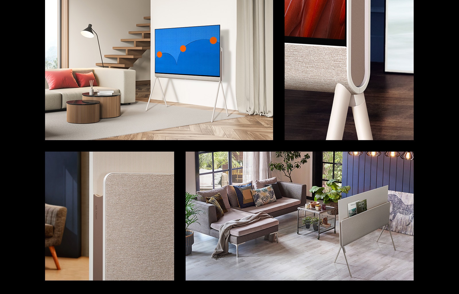 LG OLED Posé eestpoolt vaadatuna valges ja puidust eluruumis, kusjuures ekraanil on värviline minimalistlik kunstiteos.  LG OLED Posé tagant vaadatuna retrovärvilises eluruumis, mille tagumises plaadiriiulis on vinüülplaat.   Kaks erinevat külgpilti LG OLED Posé nurga all olevast lähivõttest, mis näitavad selle kumerust servades ja tagariiuli juures.