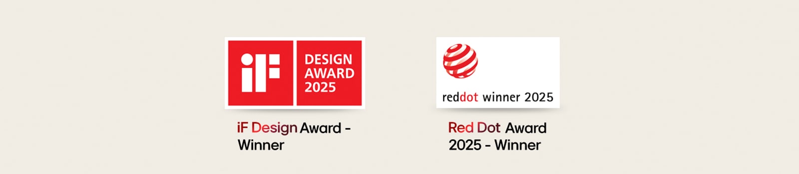 iF Design Award 2025 logo ja Red Dot Winner 2025 logo.
