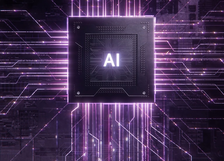 LG AI Core-Tech kiip visualiseerib intelligentset andmetöötlust kiirgavate vooluringide abil, sümboliseerides seda, kuidas LG AI seadmed õpivad, kohanevad ja optimeerivad jõudlust kogu kodus.