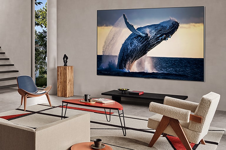 Elutoa seinale kinnitatud LG TV. Ekraanil kuvatakse kvaliteetne pilt veest välja hüppavast vaalast.