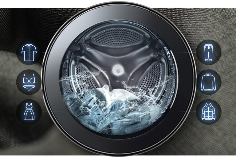 Eestvaade ümmargusele uksele, mille taga on vesi ja riided. Välisküljel on kuvatud 6 tsüklivalikut, mis tähistavad erinevaid võimalusi.