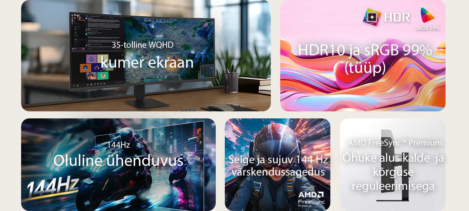 LG UltraWide kumera monitori funktsioonide ülevaade, mis näitab 34-tollist WQHD kumerat ekraani, HDR10 koos sRGB 99% värvitäpsusega, olulisi ühenduvusvõimalusi, sujuvat 144 Hz värskendussagedust, AMD FreeSync tuge ning õhukest alust kalde- ja kõrgusreguleerimisega kaasahaaravaks mängimiseks ja tõhusaks multitegumtööks.