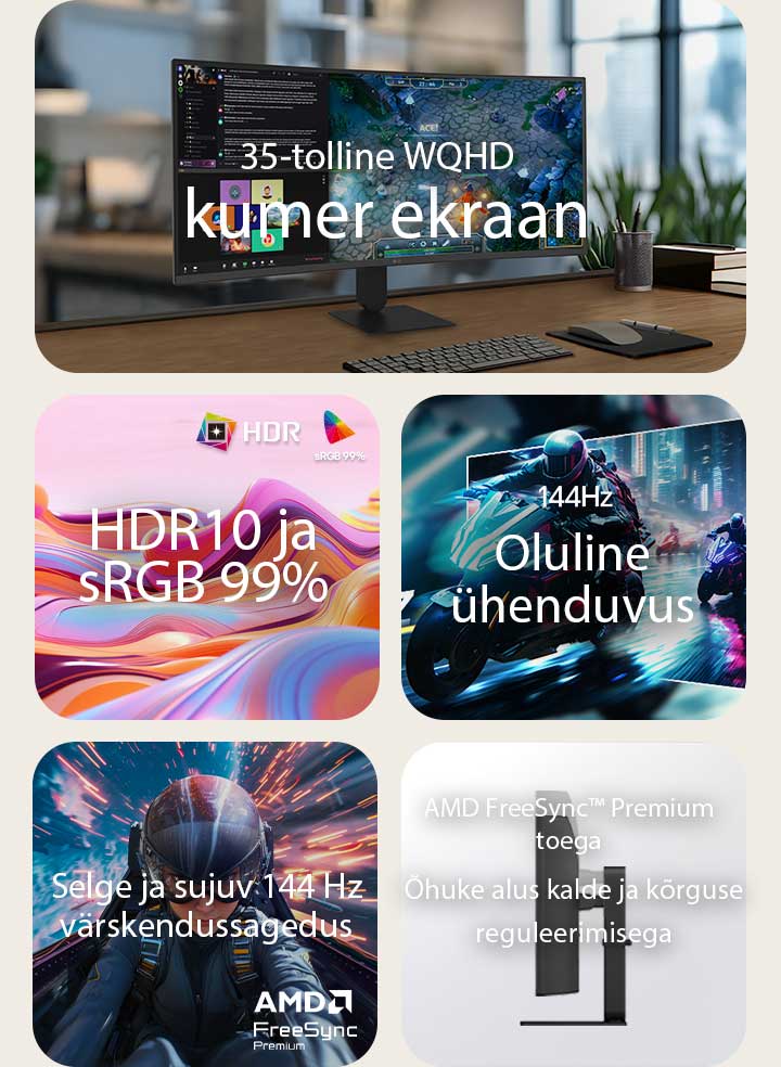 LG UltraWide kumera monitori funktsioonide ülevaade, mis näitab 34-tollist WQHD kumerat ekraani, HDR10 koos sRGB 99% värvitäpsusega, olulisi ühenduvusvõimalusi, sujuvat 144 Hz värskendussagedust, AMD FreeSync tuge ning õhukest alust kalde- ja kõrgusreguleerimisega kaasahaaravaks mängimiseks ja tõhusaks multitegumtööks.