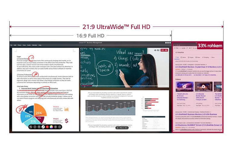 33% laiema 21:9 UltraWide Full HD ekraanipinna pilt võrreldes 16:9 Full HD ekraaniga veebikoolitust kuvades.