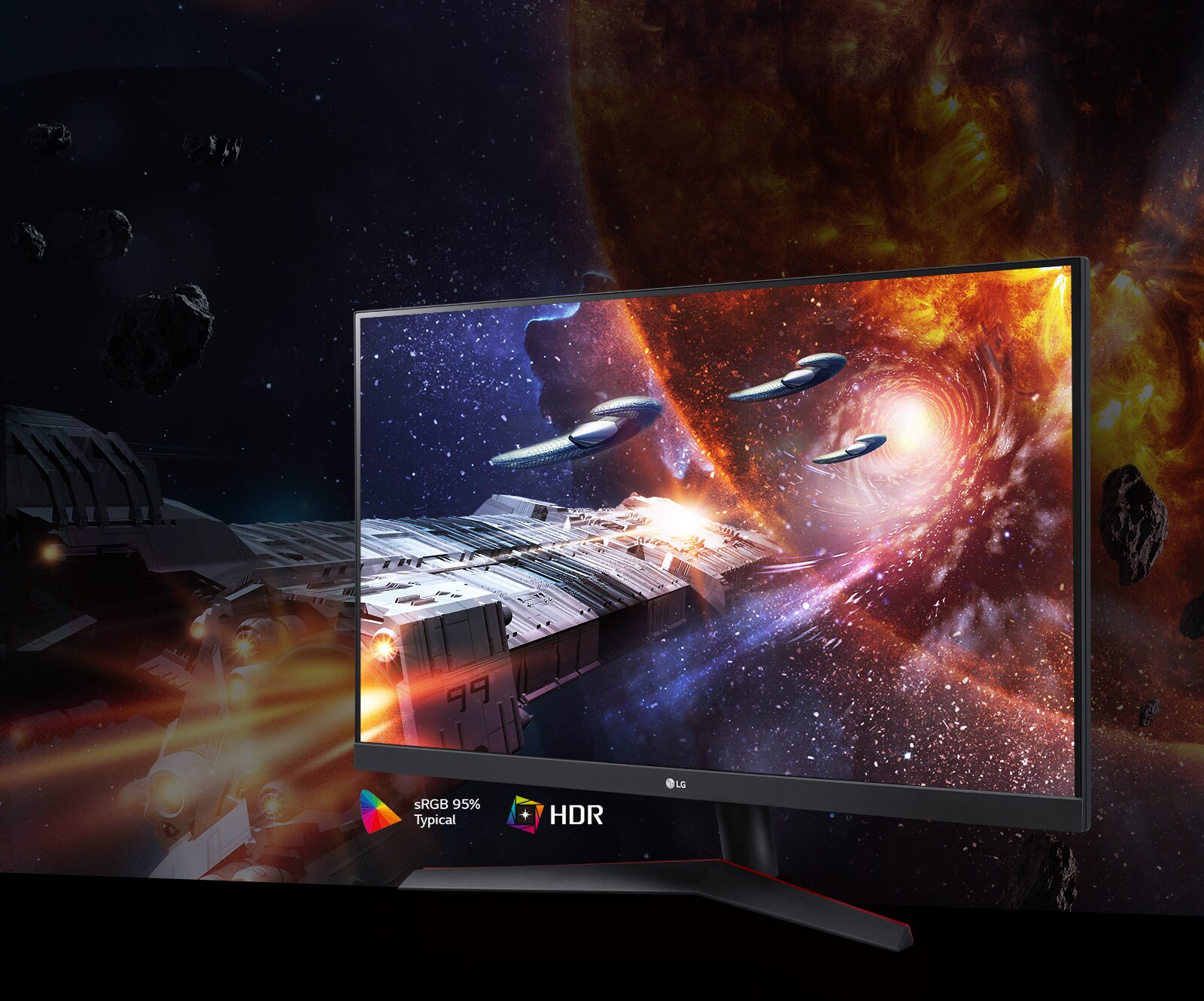 Rikkalike värvide ja kontrastiga mängustseen monitoril, millel on HDR10 ja sRGB 95% tugi (tüüp.)