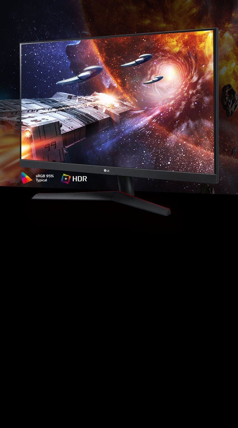 Rikkalike värvide ja kontrastiga mängustseen monitoril, millel on HDR10 ja sRGB 95% tugi (tüüp.)