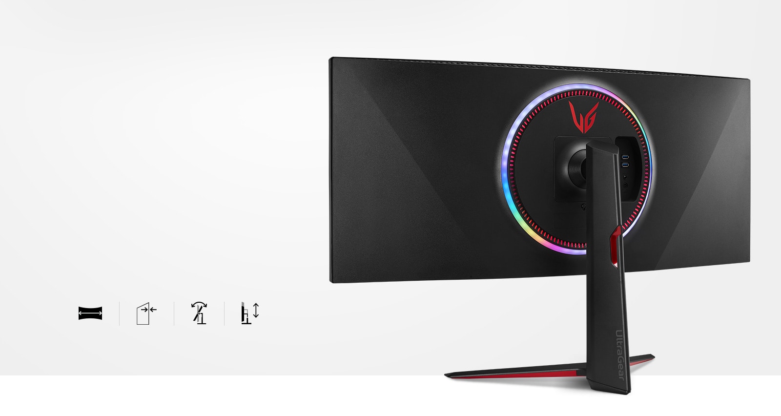 Stiilse ja praktiliselt ääriseta disainiga 21:9 kuvasuhtega nõgus monitor muudetava kõrguse, kalde- ja pöördenurgaga jalaga