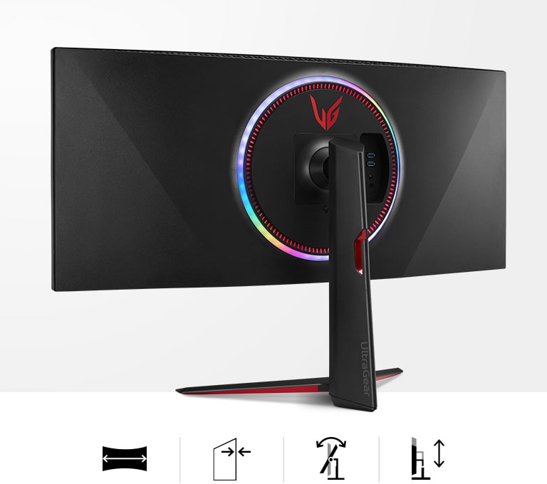 Stiilse ja praktiliselt ääriseta disainiga 21:9 kuvasuhtega nõgus monitor muudetava kõrguse, kalde- ja pöördenurgaga jalaga