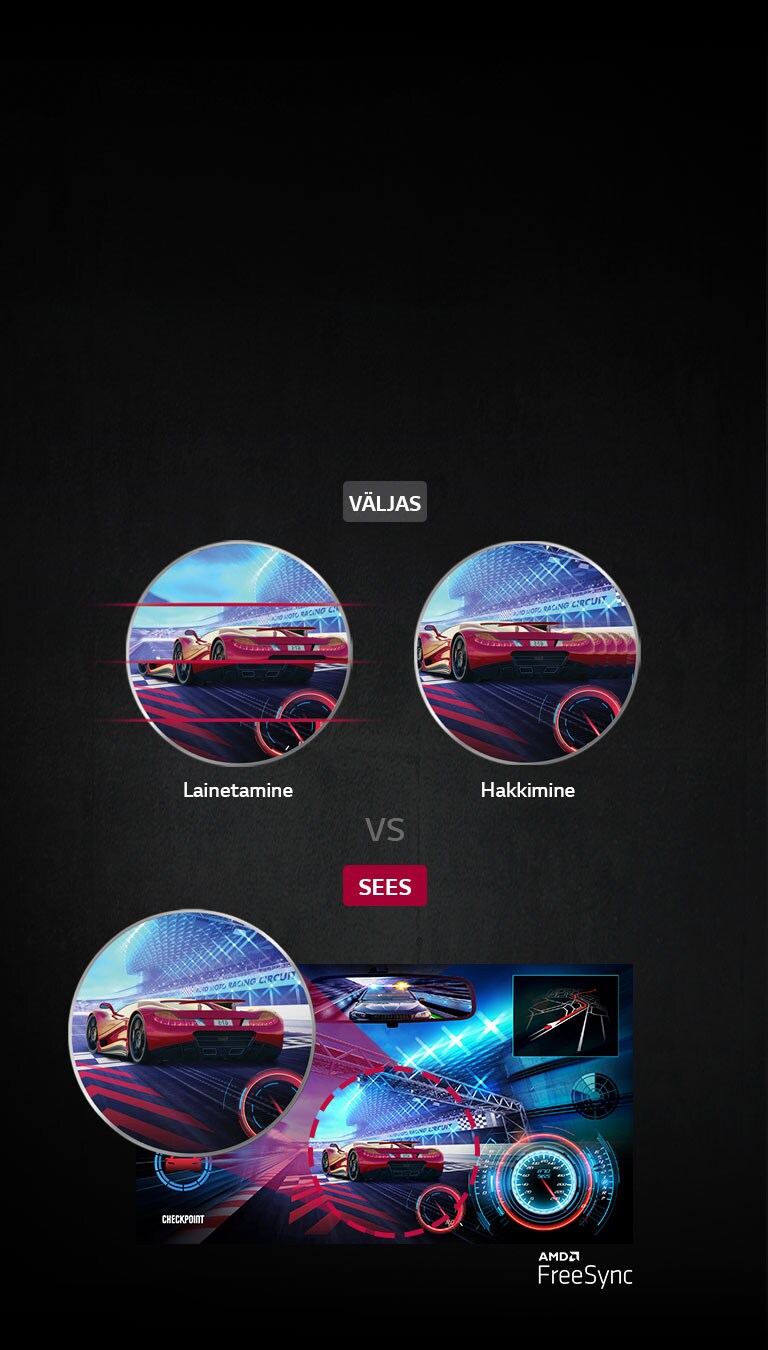 Lainetav ja hüplev ekraan ilma FreeSync-tehnoloogiata, võrdluseks selge ekraan tavapärase MD FreeSync™ tehnoloogiaga