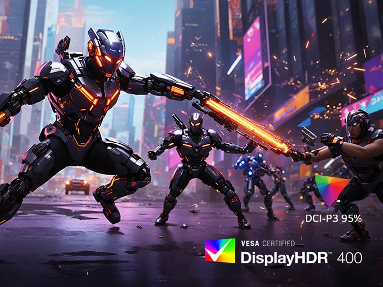 Monitor, mis kuvab futuristlikku linnalahingustseeni, kus soomusrüütlid neoontulede all hõõguvaid energiarelvi käes hoiavad.