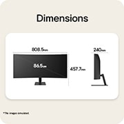 LG 34-tolline UltraWide, WQHD Curved (1800R) 120 Hz monitor, LG UltraWide kumera monitori esi- ja külgvaade koos toote mõõtmetega millimeetrites (mm)., 34U601B-B, thumbnail 14