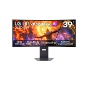 LG 39-tolline UltraGear evo GX9, maailma esimene 39'' 5K2K OLED-mängumonitor, 39-tollise UltraGear evo GX9, maailma esimese 5K2K 330Hz mängumonitori (39GX950B) eestvaade, millel kuvatakse mängupilte, 39GX950B-B, thumbnail 2