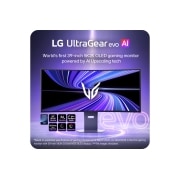 LG 39-tolline UltraGear evo GX9, maailma esimene 39'' 5K2K OLED-mängumonitor, LG UltraGear evo AI 39GX950B 39-tolline 5K2K kumer OLED-mängumonitor elegantsel alusel, kuvades dünaamilisi lillasid valgusradasid, esile tõstetud AI-skaleerimise, ülilaia ekraani ja kõrge heledusega., 39GX950B-B, thumbnail 5