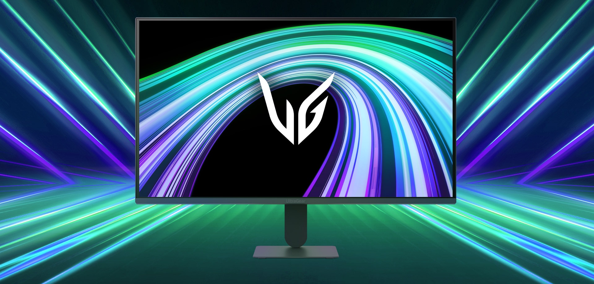 UltraGear™ 24g411b mängumonitori esiosa pilt futuristlikus neoonvalgustusega ruumis.