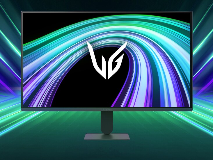 UltraGear™ 24g411b mängumonitori esiosa pilt futuristlikus neoonvalgustusega ruumis.
