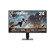 LG 24-tolline UltraGear™ G4, FHD 144Hz mängumonitor, Pildil on kujutatud LG UltraGear G4 24-tollise mängumonitori eestvaade, millel on IPS-ekraan FHD (1920×1080) eraldusvõimega, 144Hz värskendussagedus ja 1 ms MBR, rõhutades kiiret jõudlust ja sujuvat m, 24G411B-B, thumbnail 2