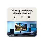 LG 24-tolline UltraGear™ G4, FHD 144Hz mängumonitor, Pildil on kujutatud UltraGear™ mängumonitor lauaarvuti seadistuses, mis kuvab mängustseeni, koos ikoonidega, mis tähistavad 3-külgset ääreteta disaini, kõrguse reguleerimist, kallutamise tuge ja seina, 24G411B-B, thumbnail 10