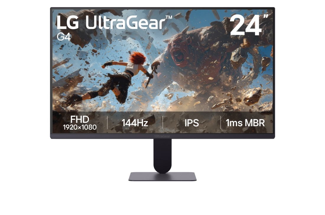 LG 24-tolline UltraGear™ G4, FHD 144Hz mängumonitor, Pildil on kujutatud LG UltraGear G4 24-tollise mängumonitori eestvaade, millel on IPS-ekraan FHD (1920×1080) eraldusvõimega, 144Hz värskendussagedus ja 1 ms MBR, rõhutades kiiret jõudlust ja sujuvat m, 24G411B-B, thumbnail 2