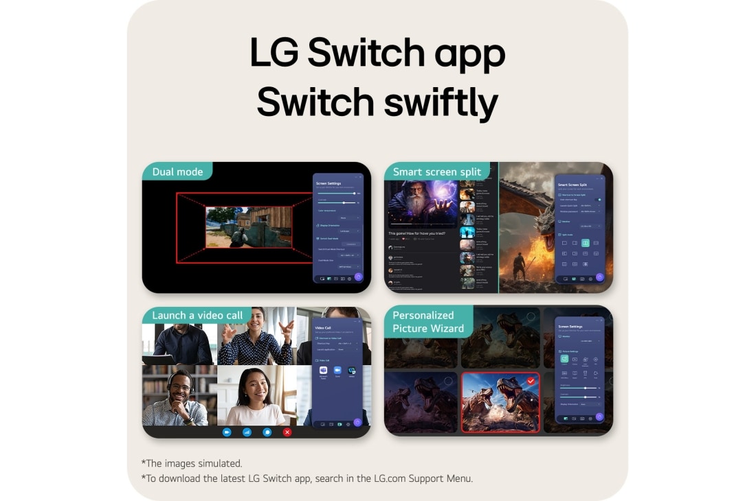 LG 24-tolline UltraGear™ G4, FHD 144Hz mängumonitor, Pildil on esile tõstetud LG Switch rakenduse liides, mis näitab selliseid funktsioone nagu Dual mode, Smart screen split, videokõne käivitamine ja Personalized Picture Wizard nutikama juhtimise ja suj, 24G411B-B, thumbnail 11