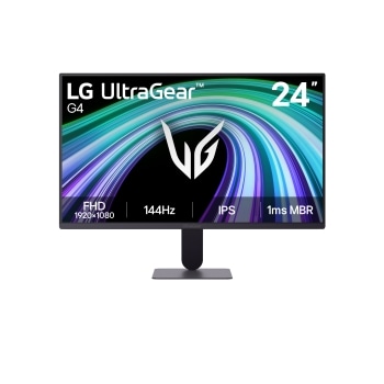 Pildil on kujutatud LG UltraGear G4 24-tollise mängumonitori eestvaade, millel on IPS-ekraan FHD (1920×1080) eraldusvõimega, 144Hz värskendussagedus ja 1 ms MBR, rõhutades kiiret jõudlust ja sujuvat m