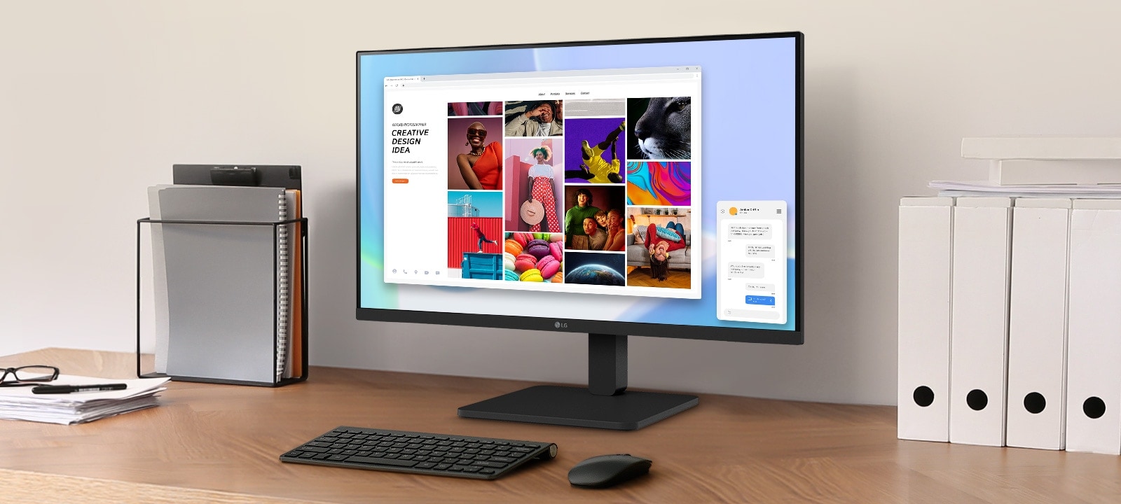 Tööpind töölaual monitori ja dokumendihoidikuga.