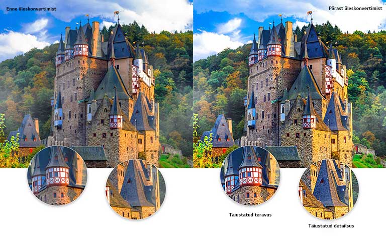 Pildikvaliteedi võrdlus antiikse lossiga keset metsa, juures on suurendus ühest katustest, millel on suurem teravus ja üleskonverditud detailsus.