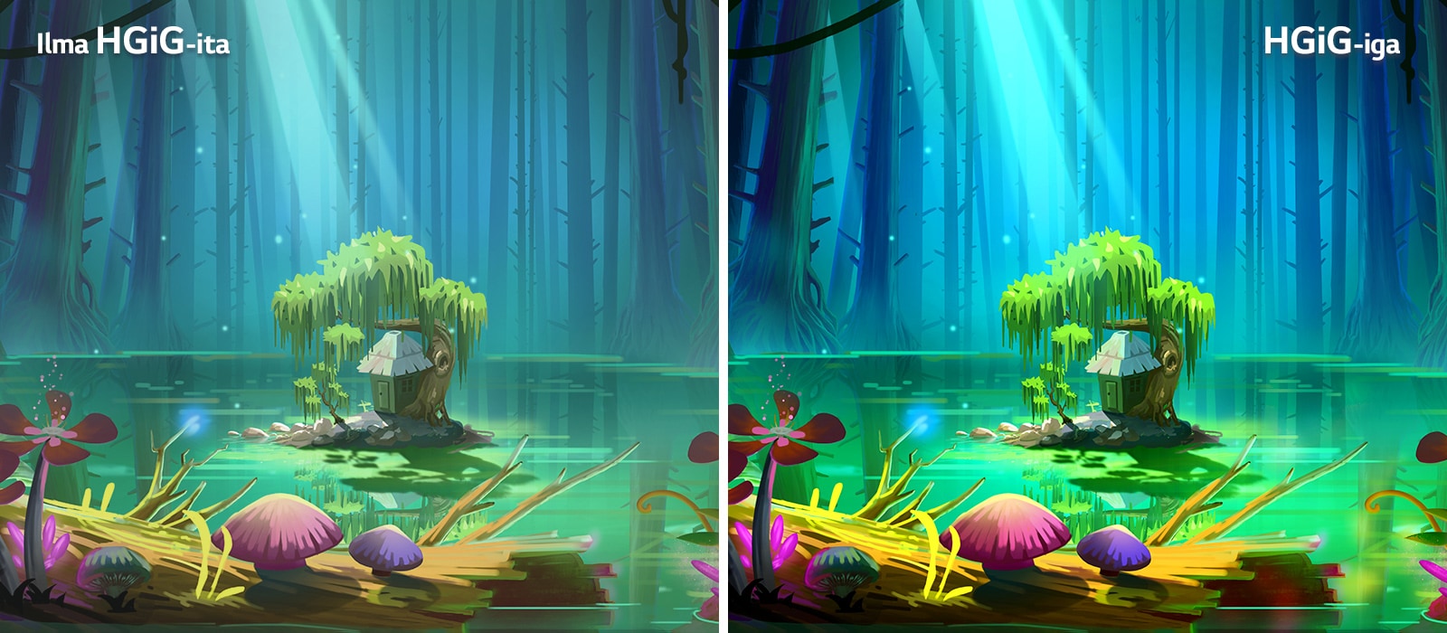 Animatsioon väikse maja ja puuga väikesel maalapil, mis on keset kõrgete raagus puudega ümbritsetud tiiki, paremal ülal on tekstiga „HGIG-iga”, mis on eredam ja parema pildikvaliteediga kui HGiG-ita.