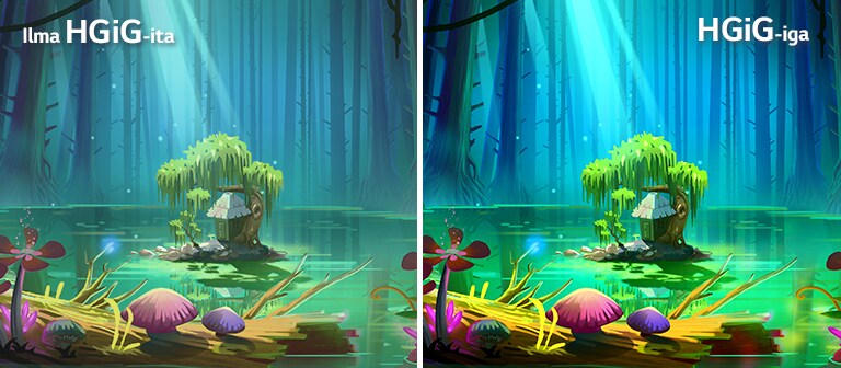 Animatsioon väikse maja ja puuga väikesel maalapil, mis on keset kõrgete raagus puudega ümbritsetud tiiki, paremal ülal on tekstiga „HGIG-iga”, mis on eredam ja parema pildikvaliteediga kui HGiG-ita.