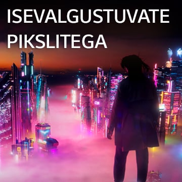 Naine vaatab öist värviliste neoonsiltidega linna