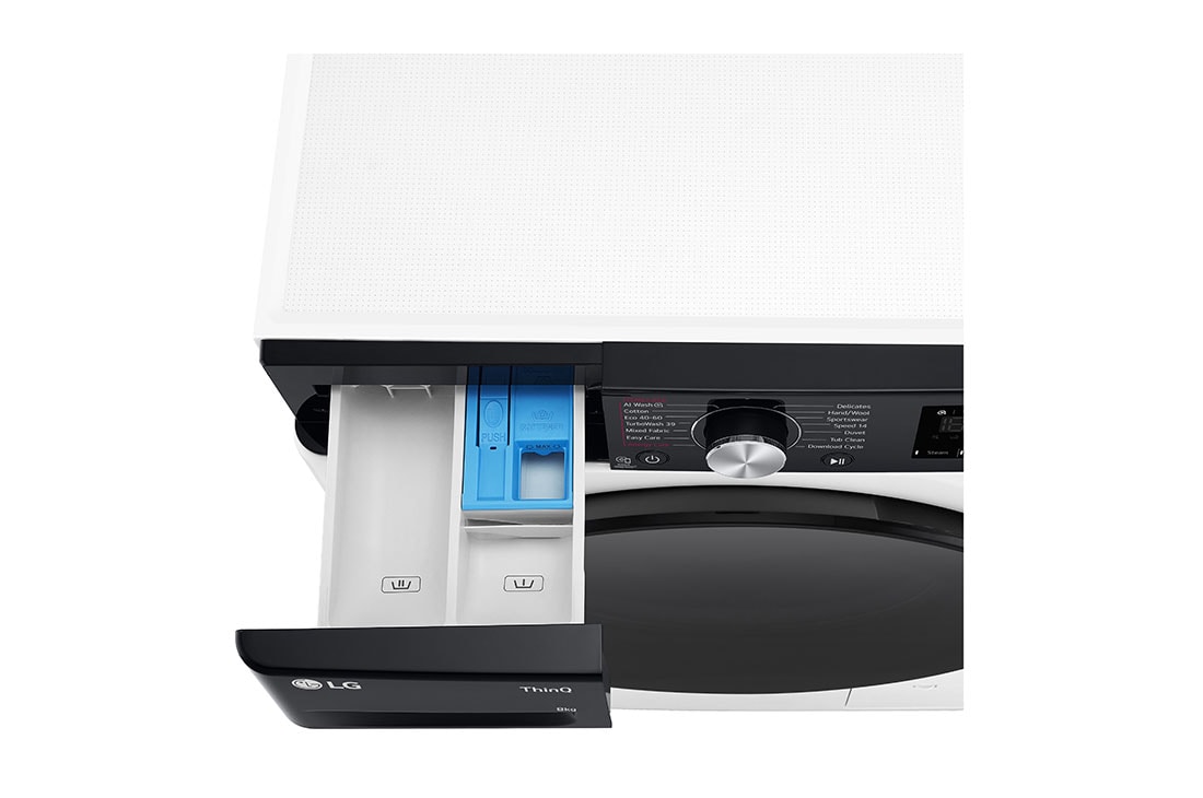 LG kitsas pesumasin 8 kg | AIDD | R7 Seeria A-10%| Sügavus 47.5cm | Valge | Turbowash360 | Aur | WiFi| F2WR708S2H, Top perspective view with detergent port open, F2WR708S2H, thumbnail 7