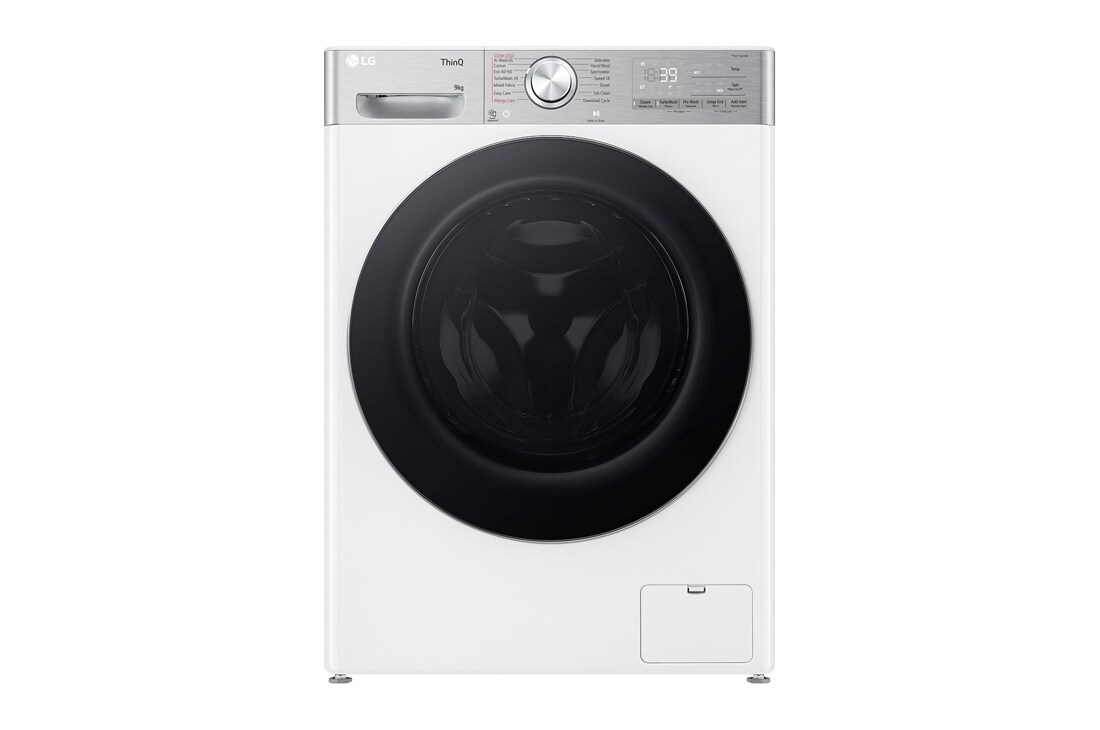 LG pesumasin 9kg I AIDD | R9 Seeria A-10% | Sügavus 56.5cm | Valge |  Turbowash360  | Aur |  WiFi | F4WR909P3W, Front view, F4WR909P3W