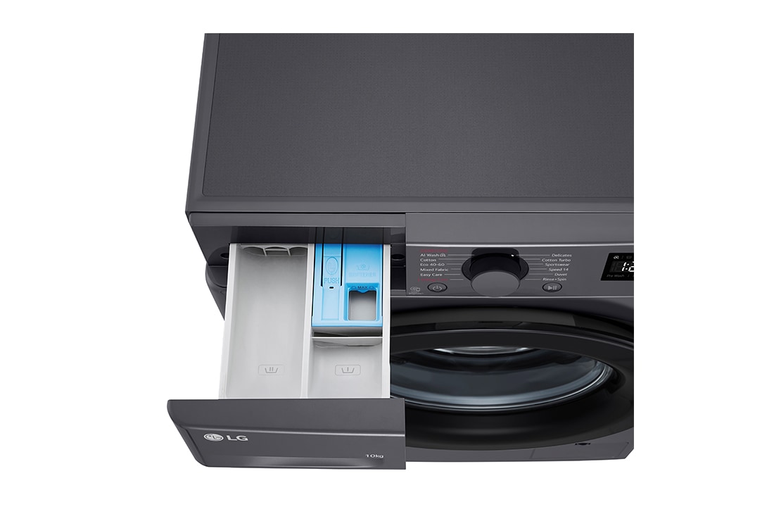 LG pesumasin 10kg I AIDD | R5 Seeria A-10% | Sügavus 56.5cm | Must | Aur | F4WR510SBM, Top perspective view with detergent port open, F4WR510SBM, thumbnail 7