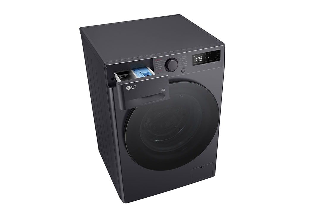 LG pesumasin 11kg I AIDD |&nbsp;R5 Seeria&nbsp;A-10% | Sügavus 56.5cm | Must | Aur | F4WR511S2M, Top perspective view with detergent port open, F4WR511S2M, thumbnail 9