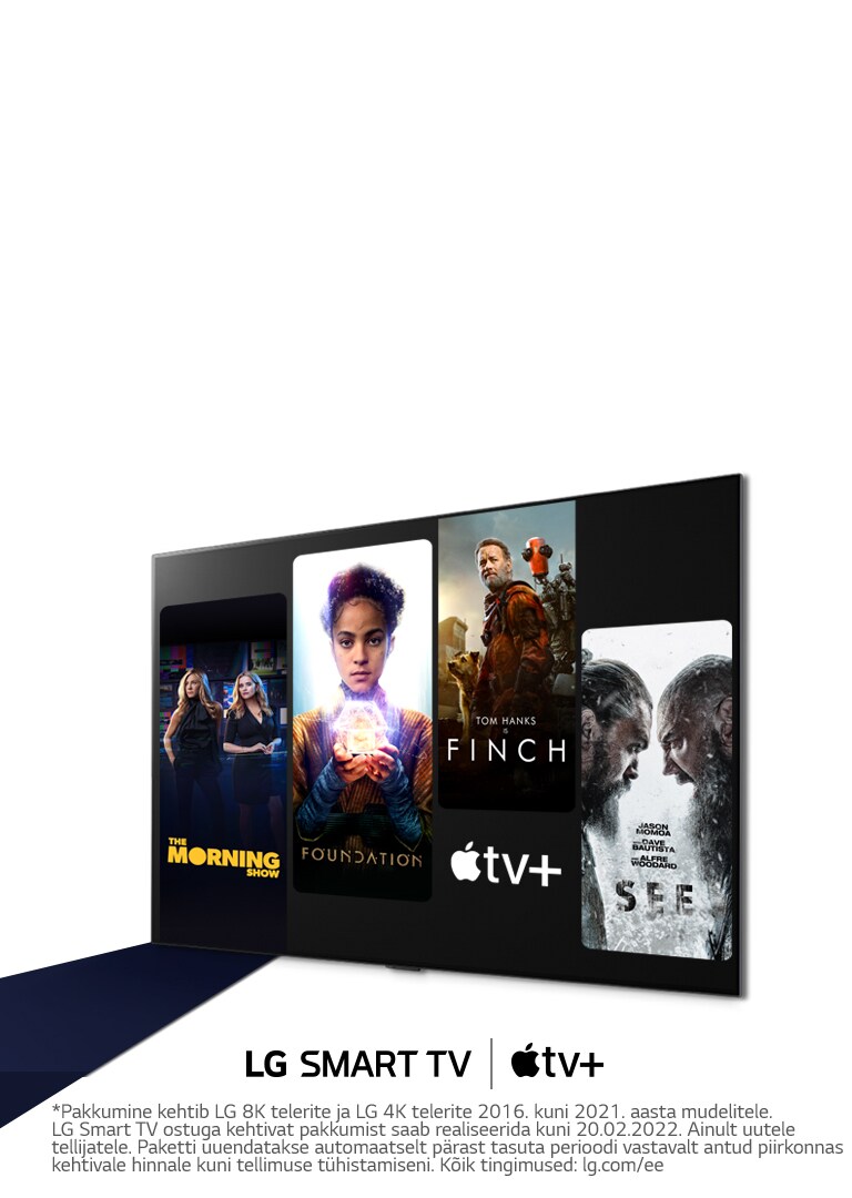 LG OLED teleri pilt. Ekraanil on Apple TV+ sisu ja pealkiri „LG nutiteleritega Apple TV+ kolm kuud tasuta.“