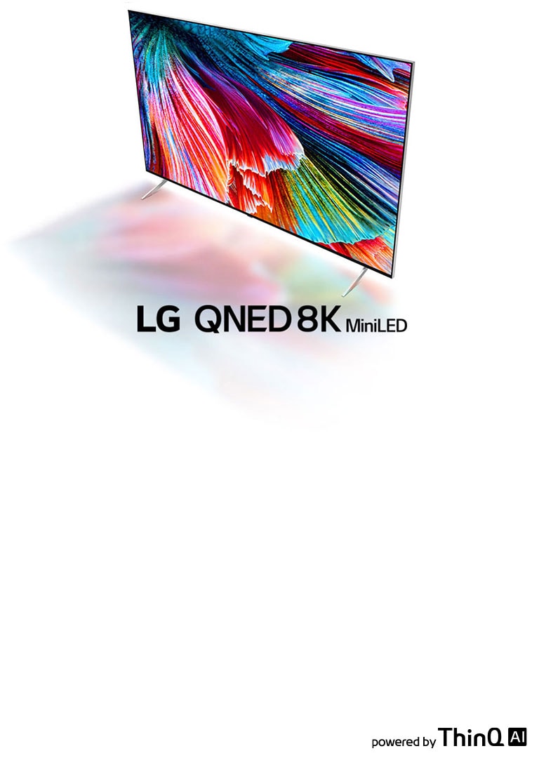 Pilt LG QNED 8K MiniLED telerist hallil taustal, teleriekraani värvid peegelduvad maapinnal selle ees.