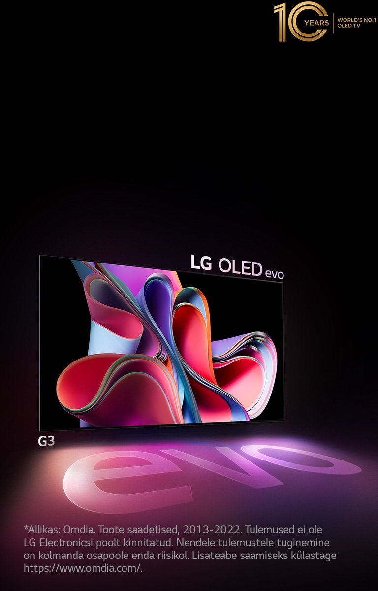 LG OLED kujutis mustal taustal, millel on erkroosa ja lilla abstraktne kunstiteos. Ekraan heidab värvilist varju, millel on sõna "evo". Kujutise vasakus ülanurgas on embleem "10 aastat maailma nr.1 OLED-telerit". 