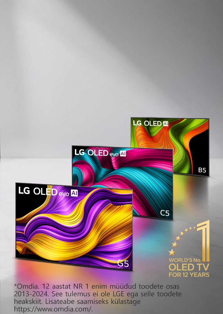 Kolme LG OLED evo AI TV teleri rivistus – C5, G5 ja B5 mudelid. Nurgas on embleem, millel on kirjas „12 aastat maailma nr. 1 OLED TV teler“. 