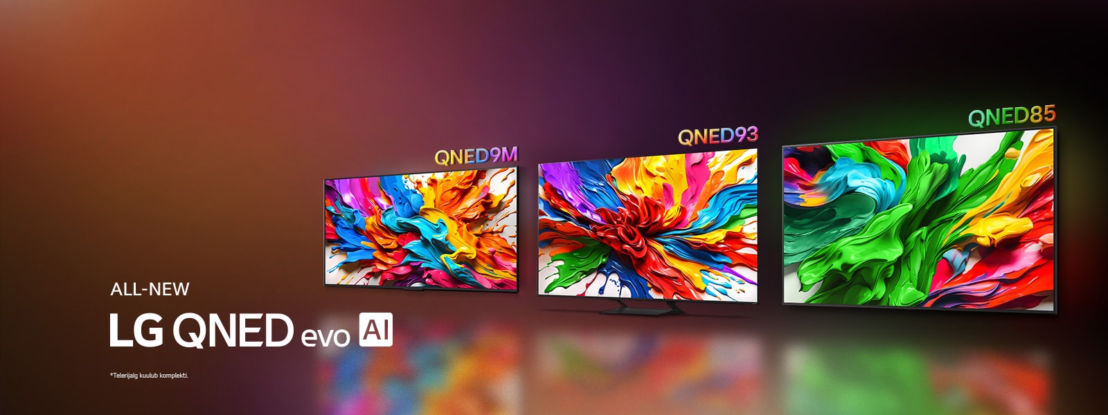 LG TV telerite ekraanidel on värviküllased kunstiteosed, mis toovad esile LG QNED-i uue erksa ja elava värviedastustehnoloogia. Näha on ka uus LG QNED evo AI logo.