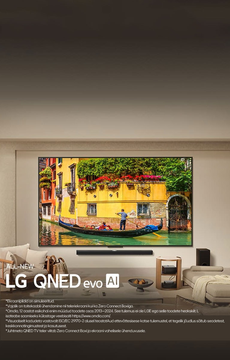 LG QNED9M teler, mis on paigaldatud seinale LG Soundbari kohale modernses elutoas. Zero Connect Box paikneb kohvilaua sees.