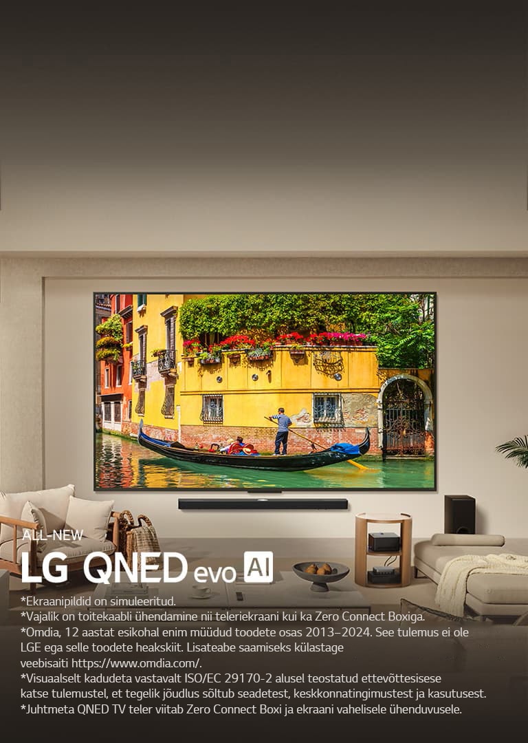 LG QNED9M teler, mis on paigaldatud seinale LG Soundbari kohale modernses elutoas. Zero Connect Box paikneb kohvilaua sees.
