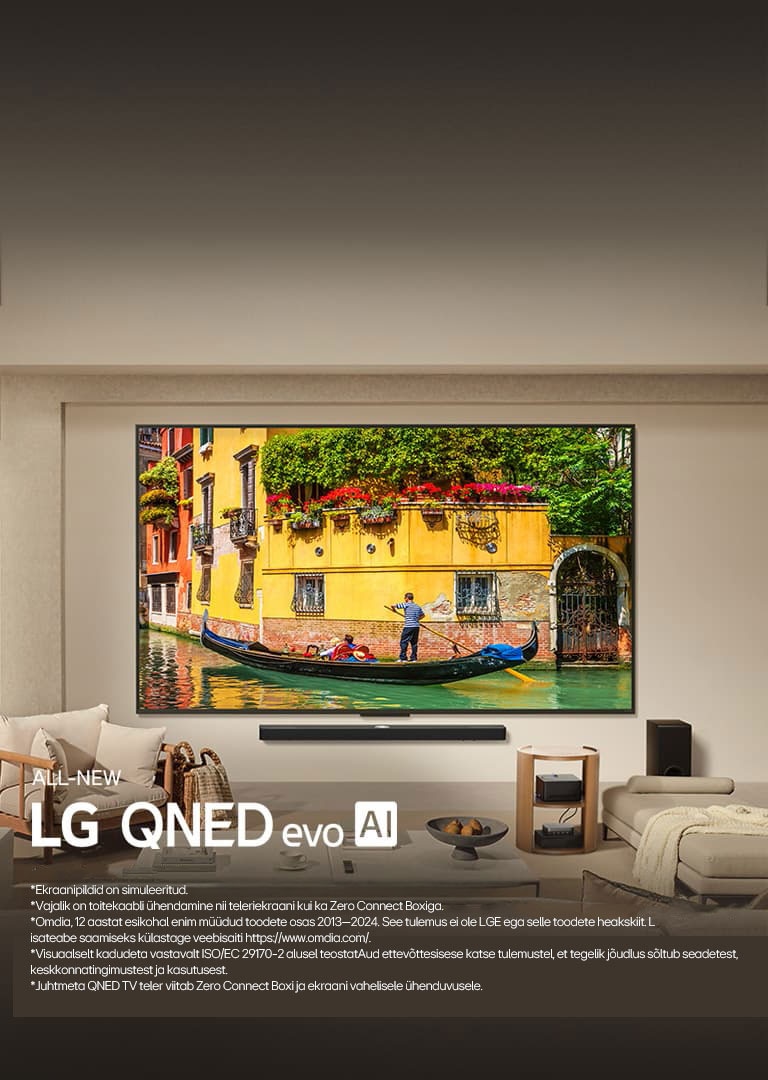 LG QNED9M teler, mis on paigaldatud seinale LG Soundbari kohale modernses elutoas. Zero Connect Box paikneb kohvilaua sees.
