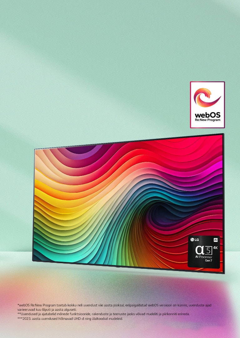 LG NanoCell teler piparmündirohelisel taustal, ekraanil on mitmevärvilised keerised ja alpha 5 AI protsessor Gen 7 pilt paremas alumises nurgas. Valgus kiirgab, heites alla värvilisi varjusid. Pildil on logo "webOS Re:New Program". Kohustustest loobumise avalduses on kirjas: "webOS Re:New Program toetab kokku neli uuendust viie aasta jooksul, eelpaigaldatud webOS versioon on künnis, uuenduste ajad varieeruvad kuu lõputi ja aasta alguseti." "Uuendused ja ajatabelid mõnede funktsioonide, rakenduste ja teenuste jaoks võivad mudeliti ja piirkonniti erineda."  "2023. aasta uuendused hõlmavad UHD-d ning ülaltoodud mudeleid."
