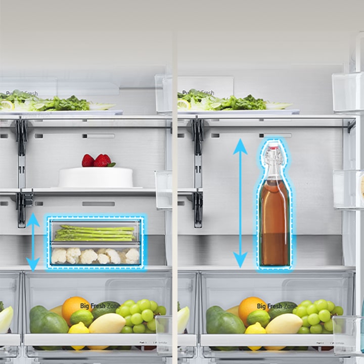 Vasakul on riiul külmiku sees kokku pandud ning selle asemele pandud madal toidukonteiner ja paremal on volditud riiul samasse asendisse ja sinna on pandud kõrge pudel.