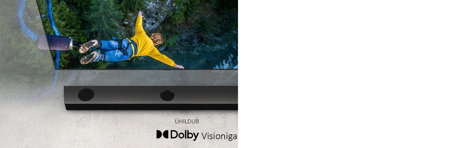 LG teler näitab benji-hüpet tegevat inimest, teleri all on soundbar.